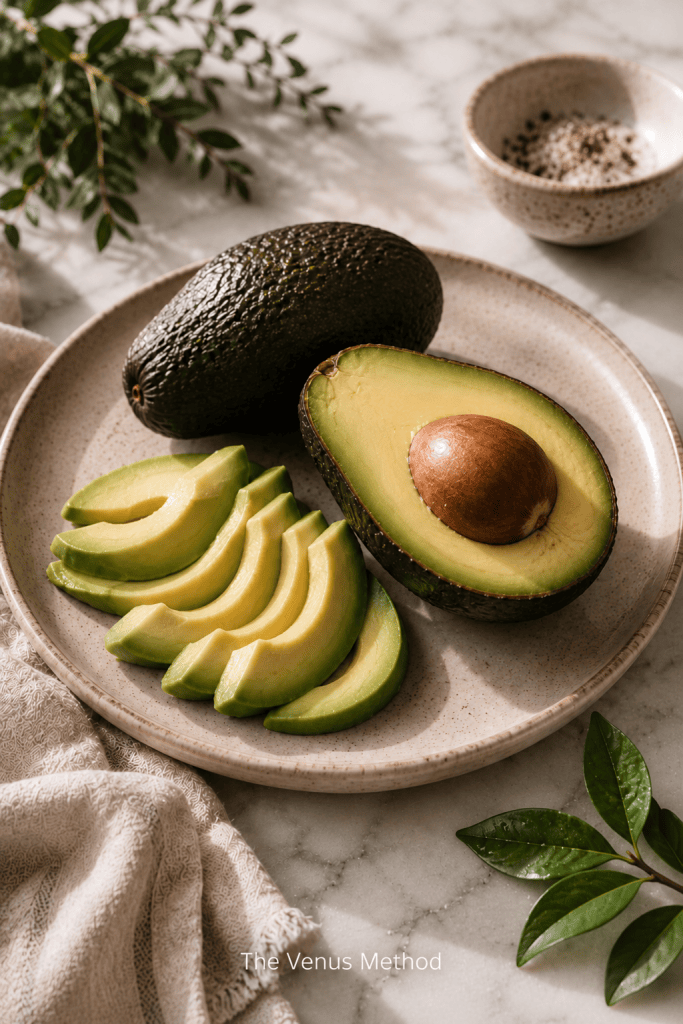 Avocado halves and slices on a ceramic plate with The Venus Method branding