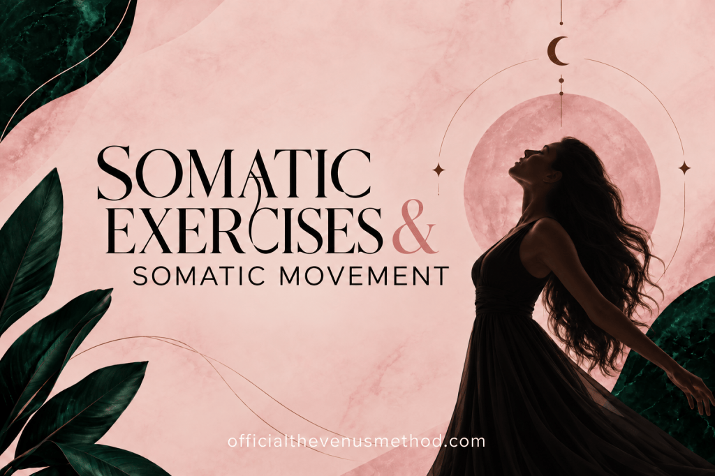 Editorial somatic movement cover with a woman in a long black dress, flowing black hair, and a blush pink and emerald background.