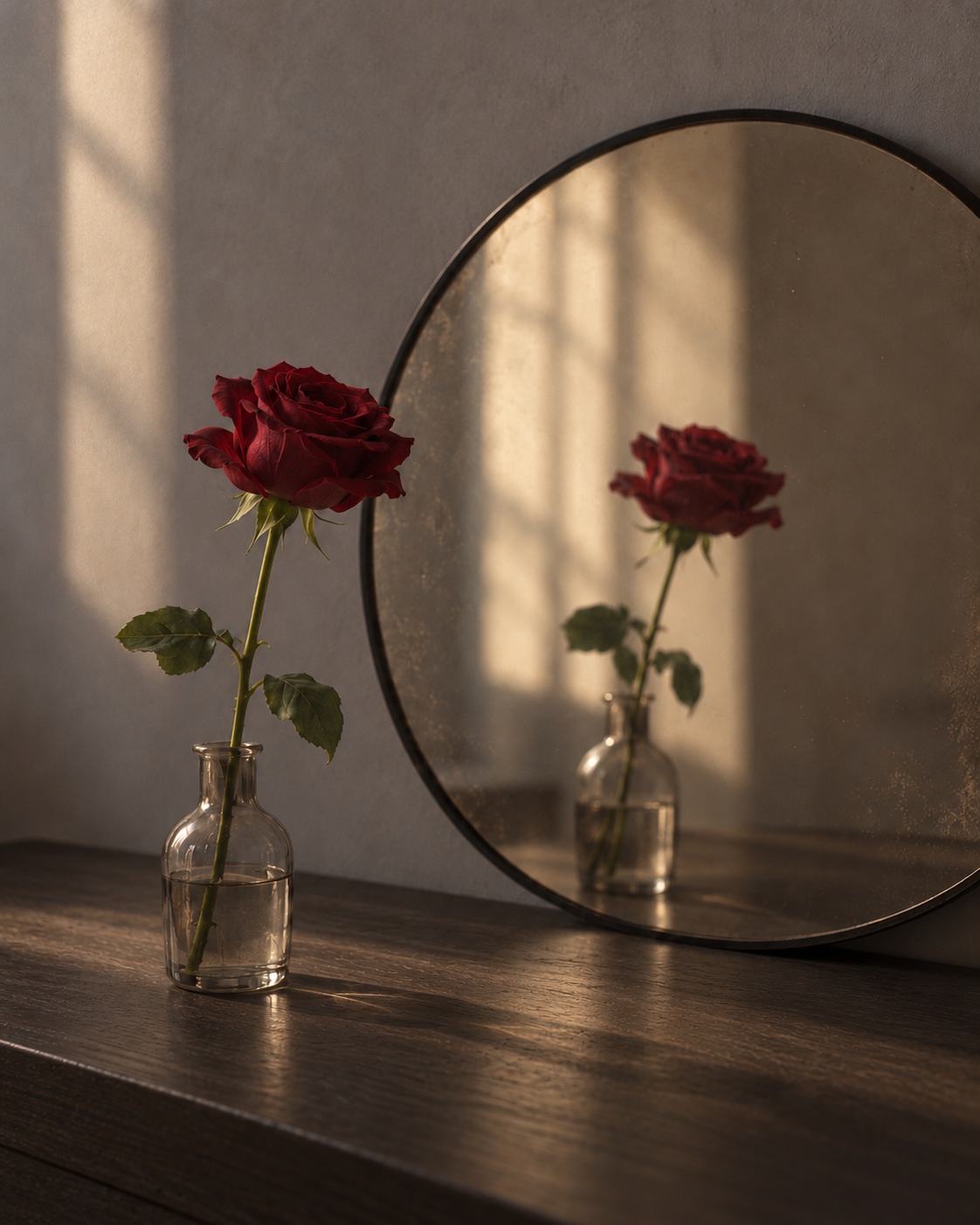 A red rose reflected in a round mirror.