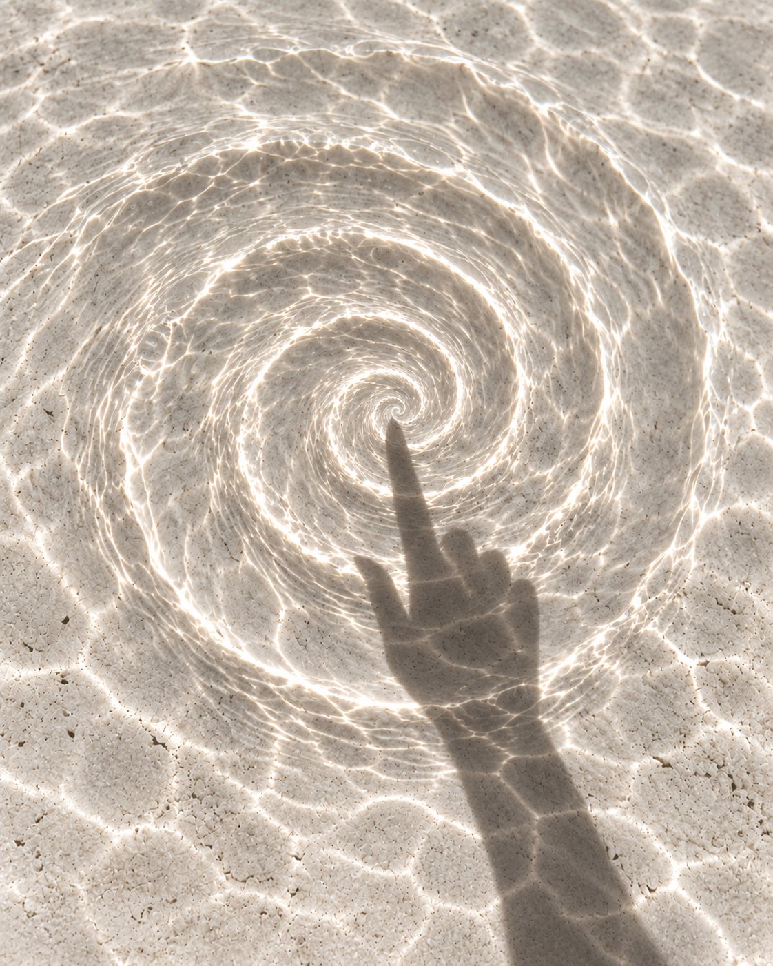 A spiral on water with a finger shadow pointing at its center.